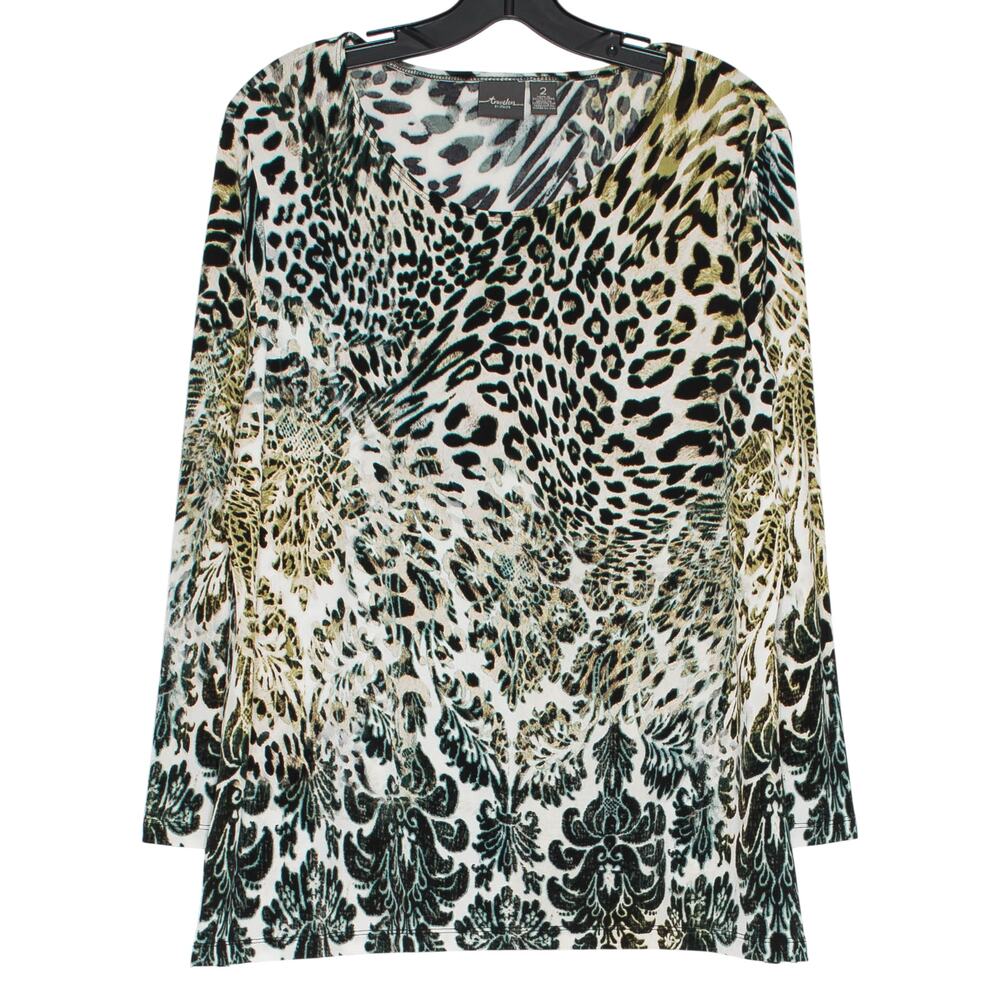 Chicos Travelers Slinky Top Leopard Animal Print Abstract Stretch Cruise 2 L 12